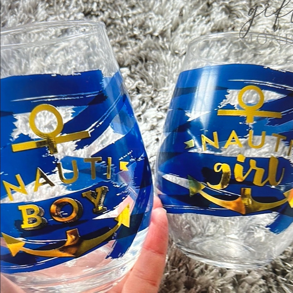 ❣️5|$25❣️Low Stock Stemless wine glasses Nauti Girl and Boy Set  🆕